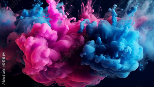 Paint Ink drop in water, Motion color explosion smoke, Blue pink color fluid splash vapor cloud on glitter dust texture black abstract art background created with Generative AI