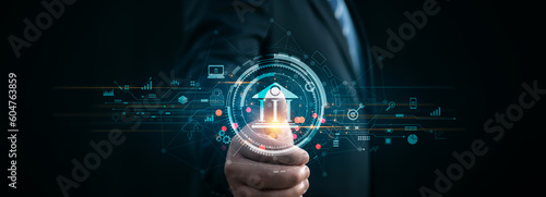 Man touch Digital virtual bank on network of Financial data and banking and Decentralized Finance.Digital banking, Virtual bank, Online banking and digital money.cyber security.big data