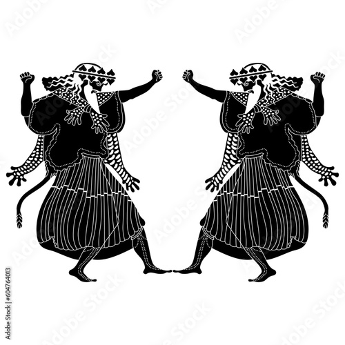 Symmetrical ethnic design with two dancing ancient Greek men. God of wine Dionysus or Bacchus. Vase painting style. Black and white negative silhouette.