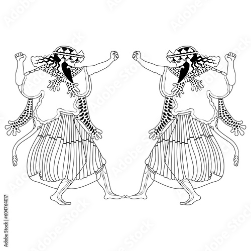 Symmetrical ethnic design with two dancing ancient Greek men. God of wine Dionysus or Bacchus. Vase painting style. Black and white linear silhouette.