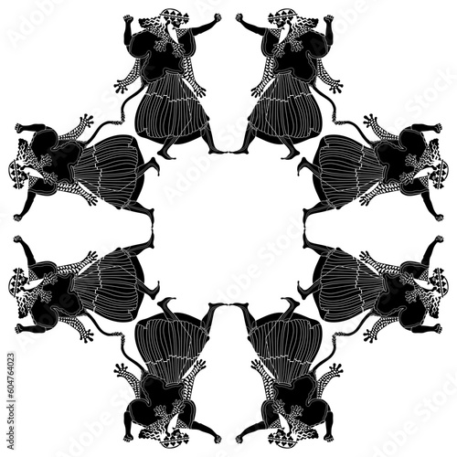 Geometrical ethnic frame with dancing ancient Greek men. God of wine Dionysus or Bacchus. Vase painting style. Black and white negative silhouette.
