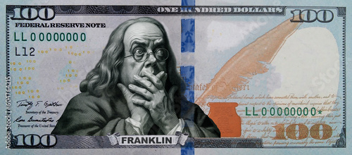 A humorous portrait, a parody of a hundred-dollar bill of the United States with a surprised portrait of Franklin.