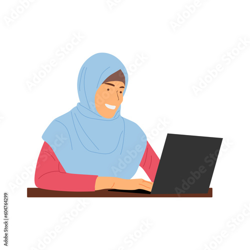 vector illustration of a hijab woman working in an office