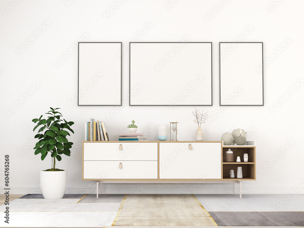 living room interior with wooden sideboard and mock up frame 3D rendering living room interior with wooden sideboard and mock up frame 3D rendering