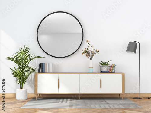 Tableau sur toile living room interior with wooden sideboard and round hanging mirror