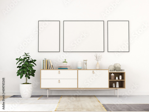 living room interior with wooden sideboard and mock up frame 3D rendering