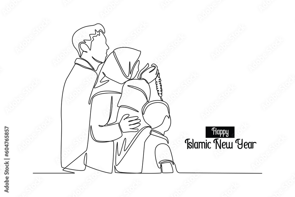 Continuous one line drawing Happy Islamic new Year concept. Single line draw design vector graphic illustration. Continuous one line drawing Happy Islamic new Year concept. Single line draw design vector graphic illustration.