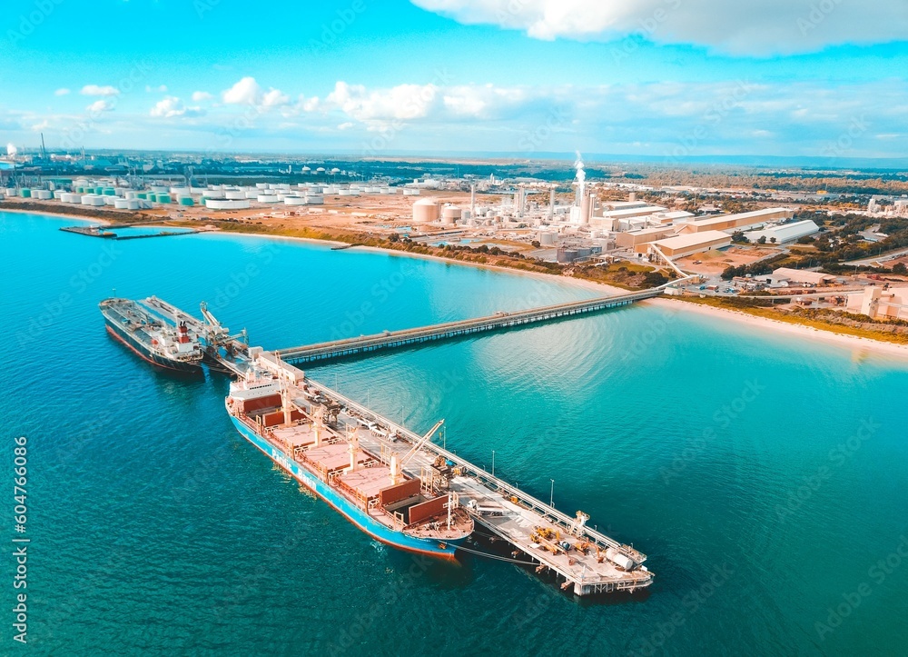 Aerial view of the port of Kwinana Bulk Jetty, Perth, Western Australia. Ship, tanker