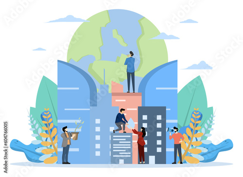 Little people are preparing for the holidays, save the planet, World Environment Day, happy earth day, Bio technology, a city, Vector flat illustration on a white background.