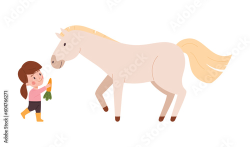 Cute girl child feeding horse with carrot, cartoon flat vector illustration isolated on white background.