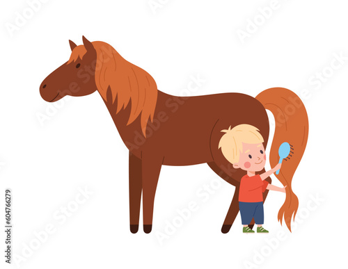 Little boy brushing horse tail with brush  cartoon flat vector illustration isolated on white background.