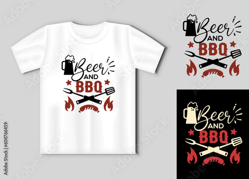 Beer and BBQ. Vector lettering for t shirt, poster, card. Funny BBQ concept with t-shirt mockup