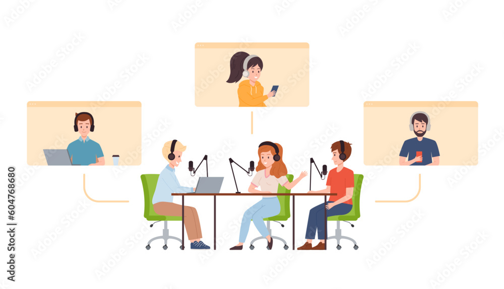 Online audio podcast recording and transmission scene, flat vector isolated.