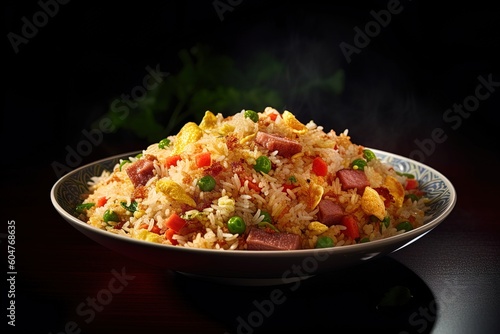 rice with chicken on black background using generative AI 