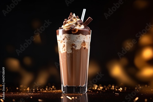 Milkshake with cream in glass drink with black background using generative AI 