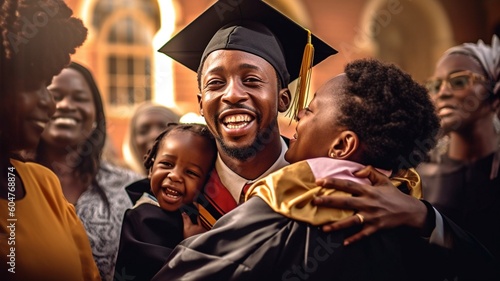 African student beaming, wearing cap and gown, and hugging parents. GENERATE AI photo