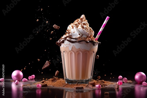 Delicious closeup of chocolate milkshake beverage with black background using generative AI