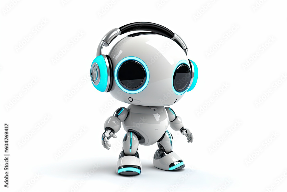 3d rendering robot tin toy with headset on white background.AI Generative