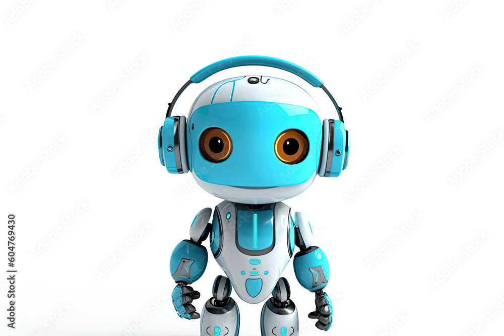 3d rendering robot tin toy with headset on white background.AI Generative