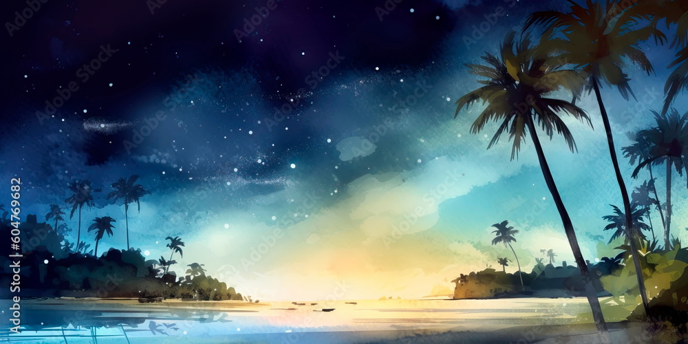 watercolor painting of a beach scene at night with palm trees and a starry sky. Generative AI