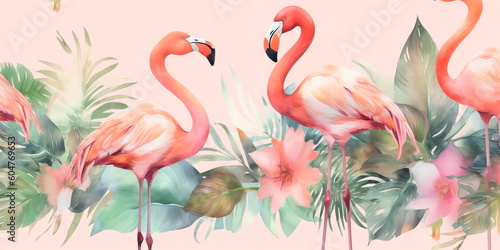 repeating pattern of watercolor flamingos and palm trees, perfect for use in swimwear or stationery designs. Generative AI