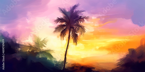 watercolor painting of a palm tree with a sunset in the background, perfect for use as a phone wallpaper. Generative AI