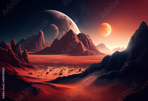 Fantasy alien planet. Mountain and lake. 3D illustration. generative ai