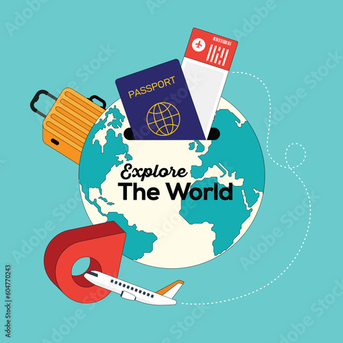 Happy holiday travel around the world concept in summer time background flat design style