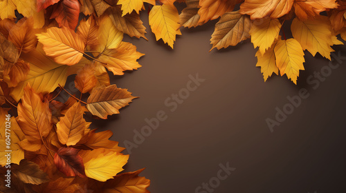 Yellow autumn leaves on dark background with copy space  top view. Generative AI illustration