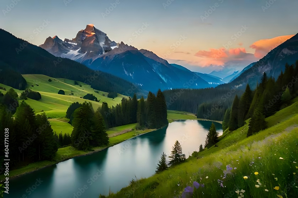 Fototapeta premium Stunning Views Picture Perfect Oasis with Rivers and Towering Mountains Create With Generative AI