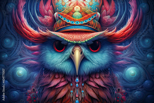 a portrait of a psychedelic owl wearing hat .AI Generative © surassawadee
