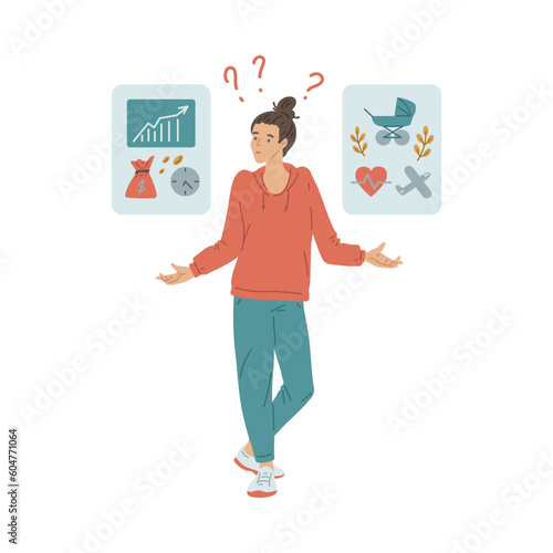 Woman makes choice between family and work flat vector illustration isolated.