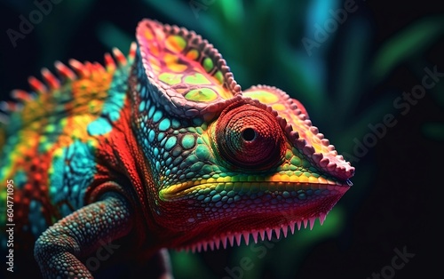 Multicolored chameleon on a green background closeup created with Generative AI technology © Oksana