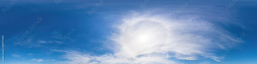 Blue summer sky panorama with light Cirrus clouds. HDR 360 seamless spherical panorama. Full zenith or sky dome for 3D visualization, sky replacement for aerial drone panoramas. Blue summer sky panorama with light Cirrus clouds. HDR 360 seamless spherical panorama. Full zenith or sky dome for 3D visualization, sky replacement for aerial drone panoramas.