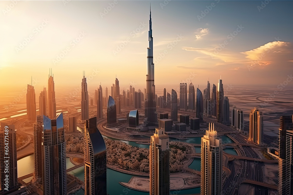 Aerial view of Dubai city in sunset light.AI Generative Aerial view of Dubai city in sunset light.AI Generative
