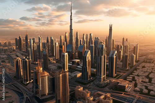 Aerial view of Dubai city in sunset light.AI Generative