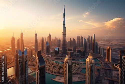 Aerial view of Dubai city in sunset light.AI Generative