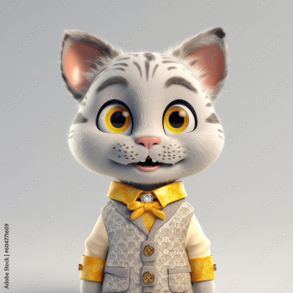 3D cartoon Cat portrait wearing clothes, standing in front, generative ai