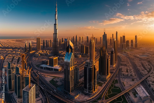 Aerial view of Dubai city in sunset light.AI Generative © surassawadee