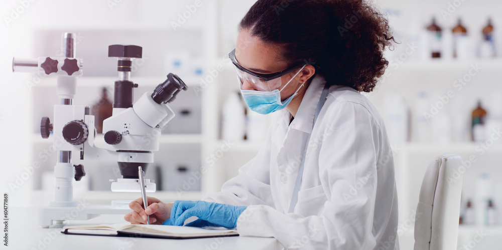 Science, microscope and woman scientist writing for research, medicine and data analysis in a lab. Laboratory, healthcare and female health expert with book for medical, results and sample checklist Science, microscope and woman scientist writing for research, medicine and data analysis in a lab. Laboratory, healthcare and female health expert with book for medical, results and sample checklist