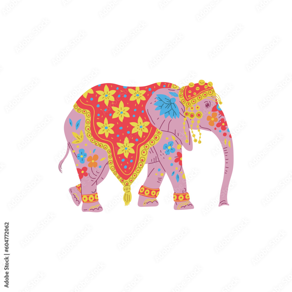 Fototapeta premium Indian or Thai elephant decorated and covered with blanket, vector isolated.