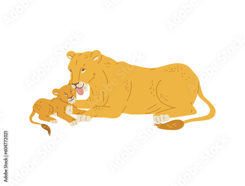Mother lioness licking her little cub, flat vector illustration isolated on white background.