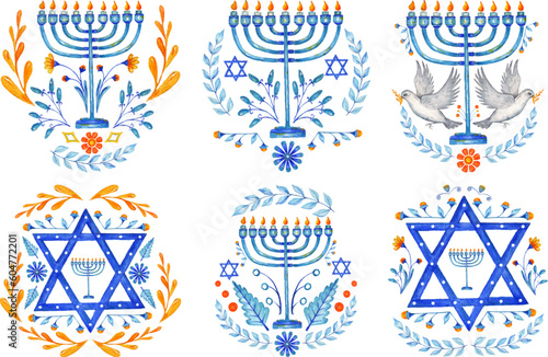 Hanukkah watercolor set. Big collection of Hanukkah symbols with menorah, bunting isolated on white background.