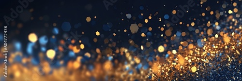 Blue and gold abstract glitter bokeh background. Holiday texture confetti celebration wallpaper. 