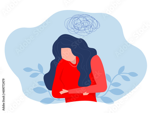 woman suffers from obsessive Overwhelmed by problems stress, headache, anxiety,  attack thoughts depression.Mental stress panic mind disorder  Flat vector illustration