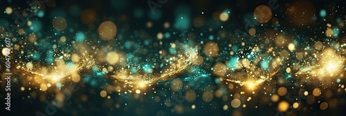Teal green and gold abstract glitter bokeh background. Holiday texture confetti celebration wallpaper. 