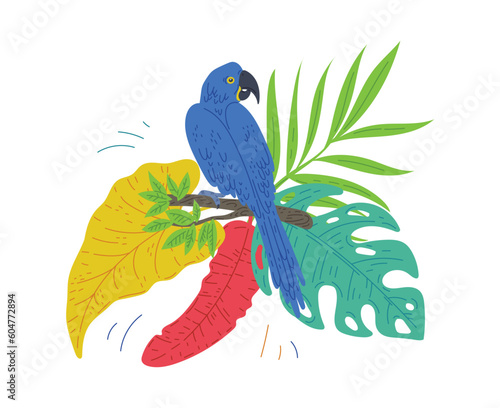 Tropical composition with leaves and parrot flat vector illustration isolated.