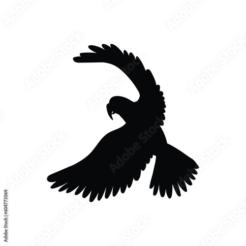 Flying parrot bird black contour silhouette flat vector illustration isolated.