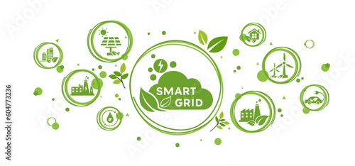 Smart grid network and grid management power supply and renewable resources infographic with relate icons set, vector illustration. flat design template. 