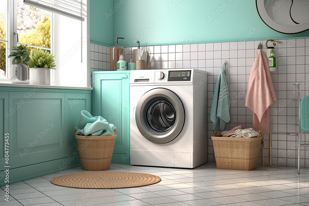 Clothes washing machine in laundry room interior.AI Generative